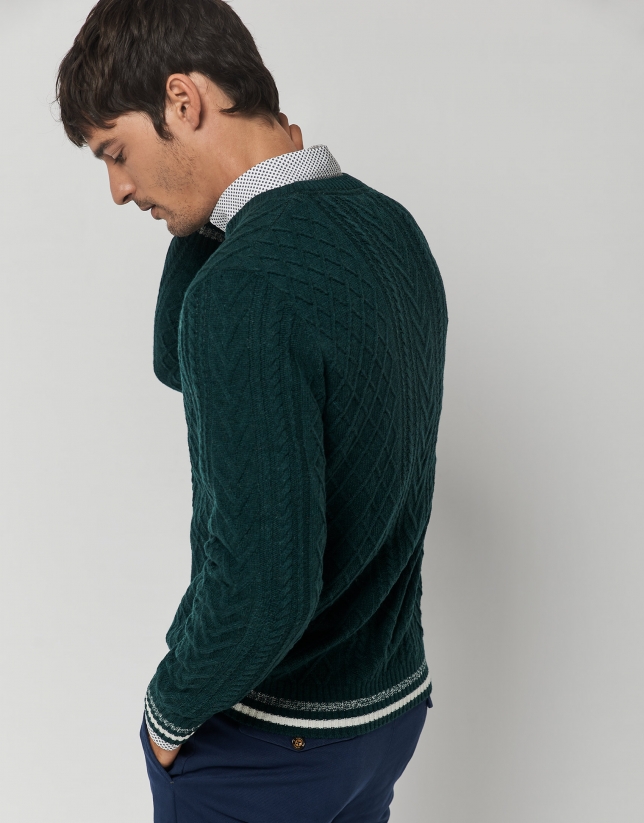Green cable-knit wool sweater with stripes on the cuffs