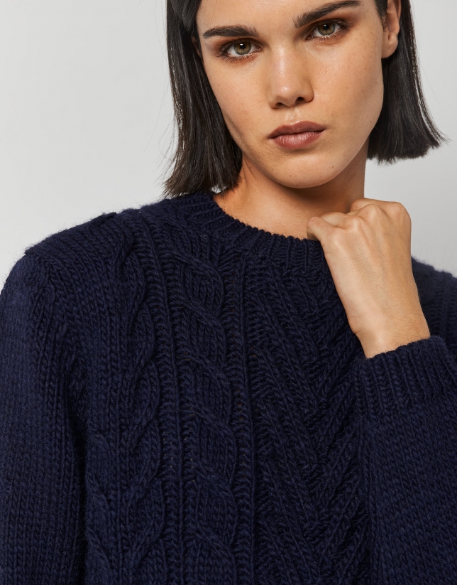 Thick cable knit and herringbone navy blue sweater