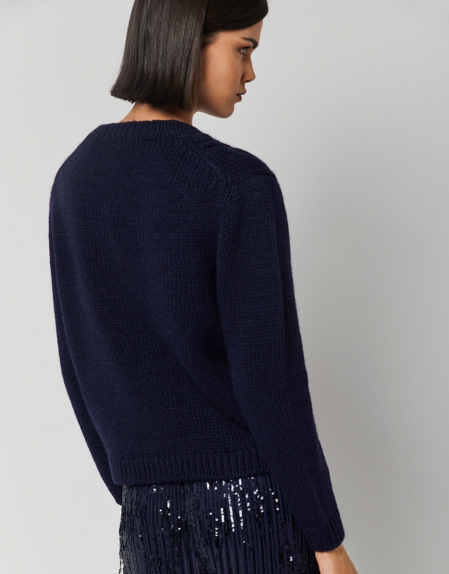 Thick cable knit and herringbone navy blue sweater