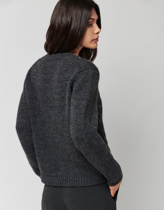 Thick cable knit and herringbone dark grey sweater