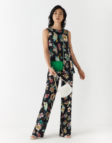 Black twill palazzo pants with floral print