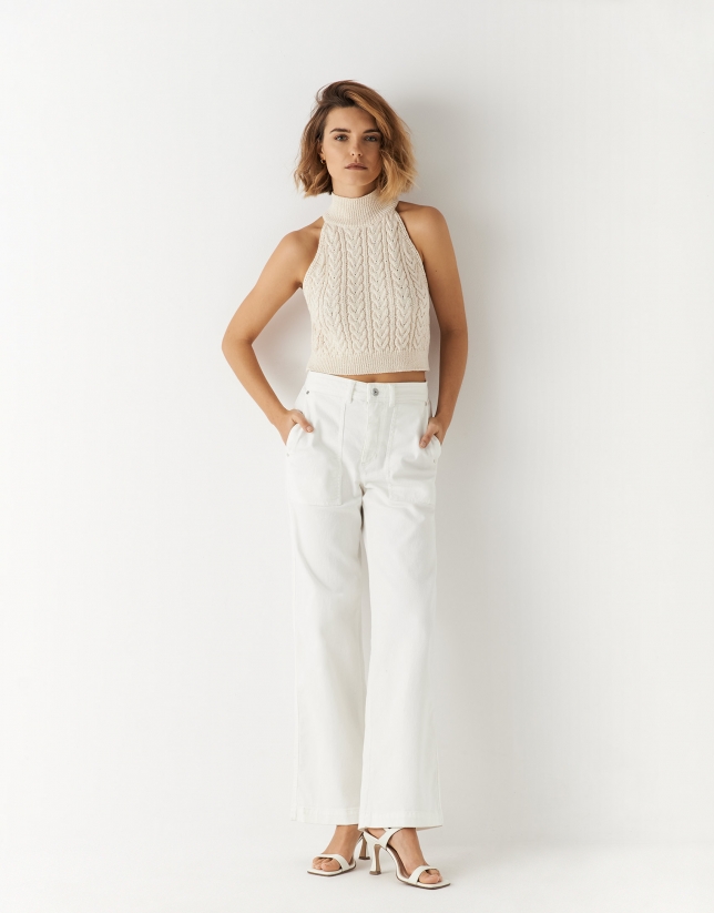 White denim wide pants with 4 pockets