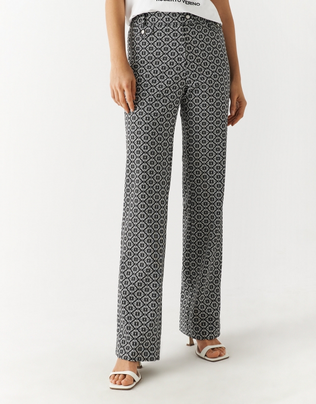 Straight pants with black and white geometric print jacquard