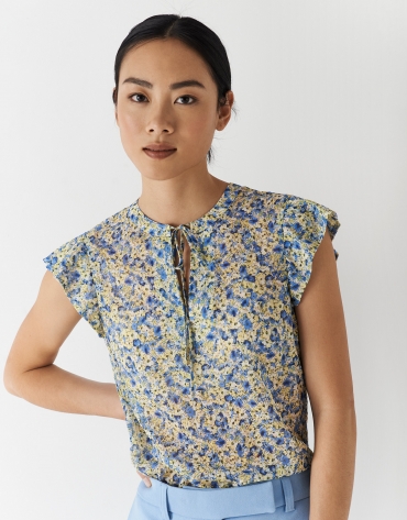 Short sleeve top with blue and yellow print voile frill