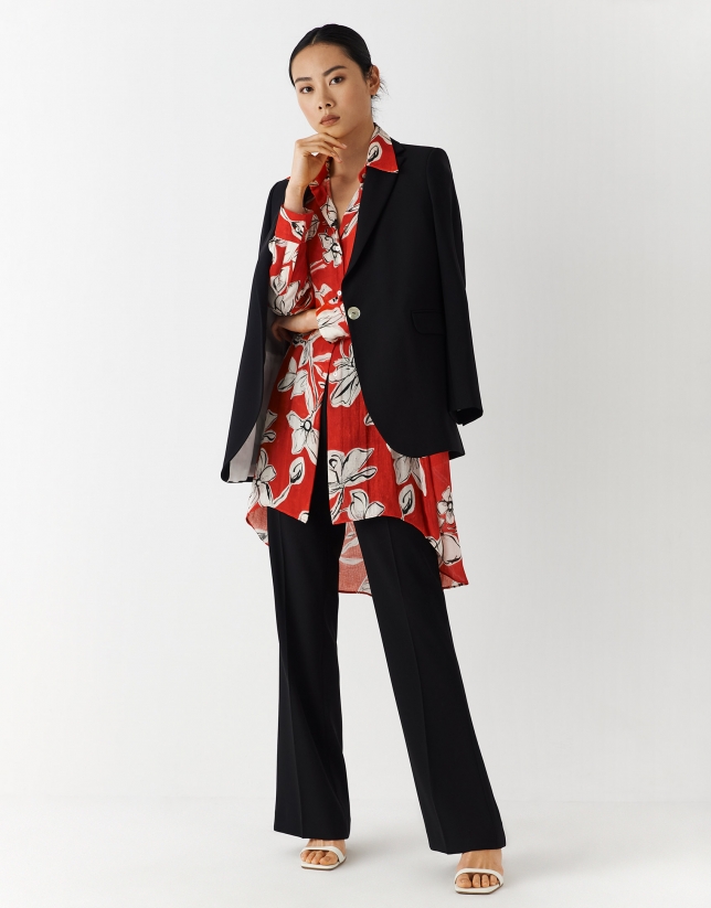 Oversize blouse with red and white floral print jacquard