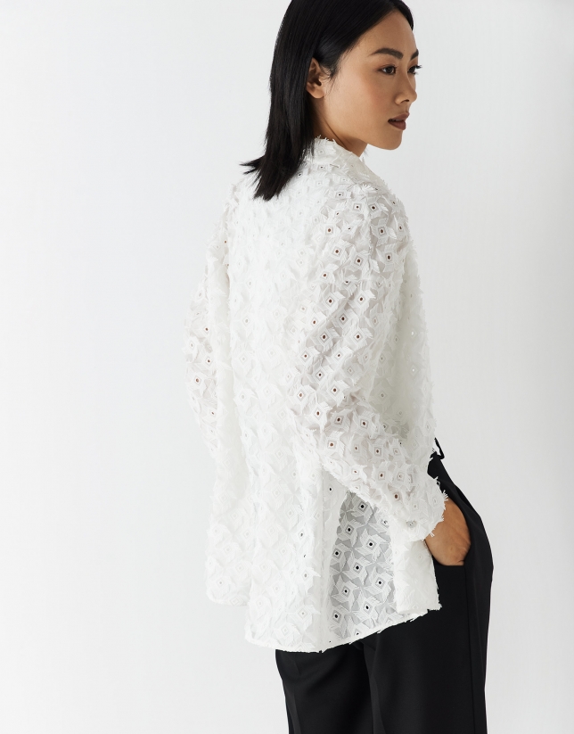 Long white blouse with Swiss embroidered fil coupe