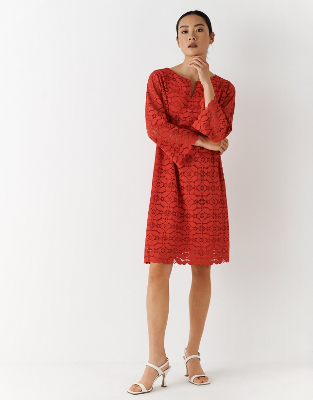 Red lace long-sleeved dress