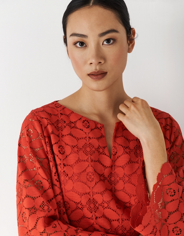 Red lace long-sleeved dress