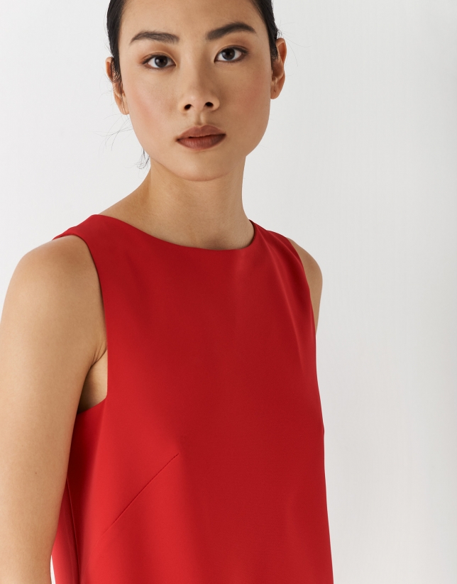 Red crepe midi dress with asymmetric hem