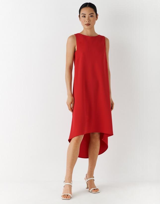 Red crepe midi dress with asymmetric hem