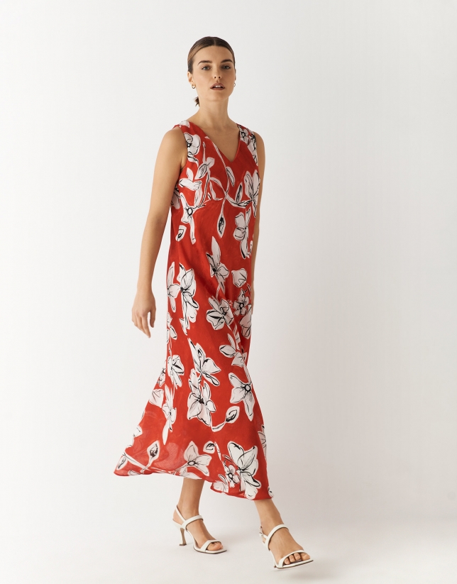 Long sleeveless dress with red and white floral print jacquard 