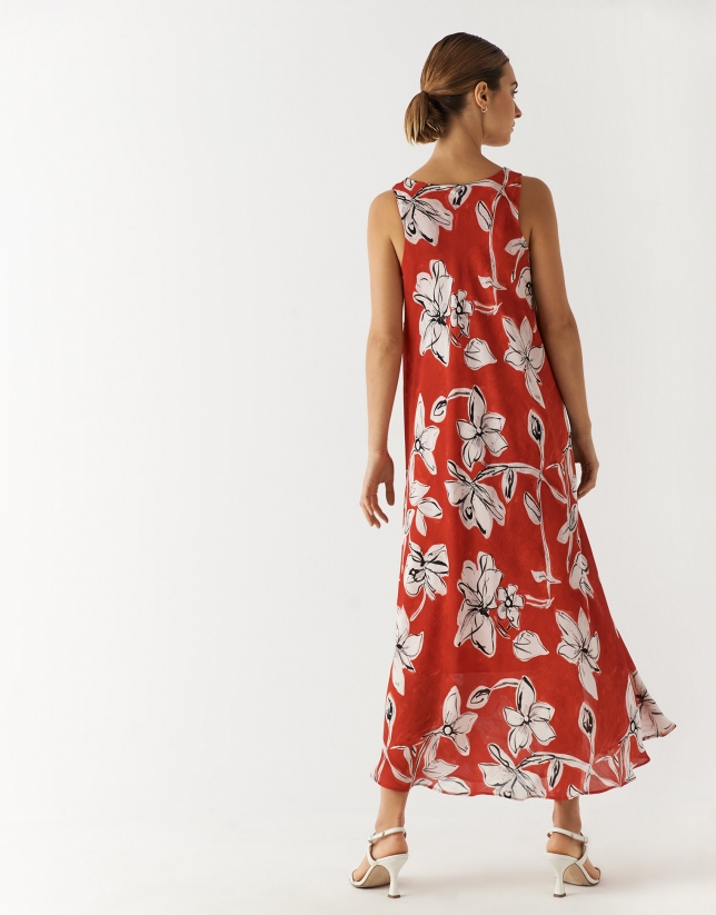 Vestido largo de sisas Jacquard estampado floral rojo y blanco