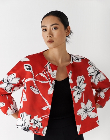 Short satin jacket with red floral print