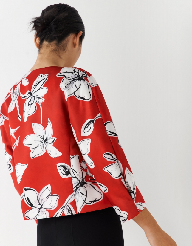 Short satin jacket with red floral print
