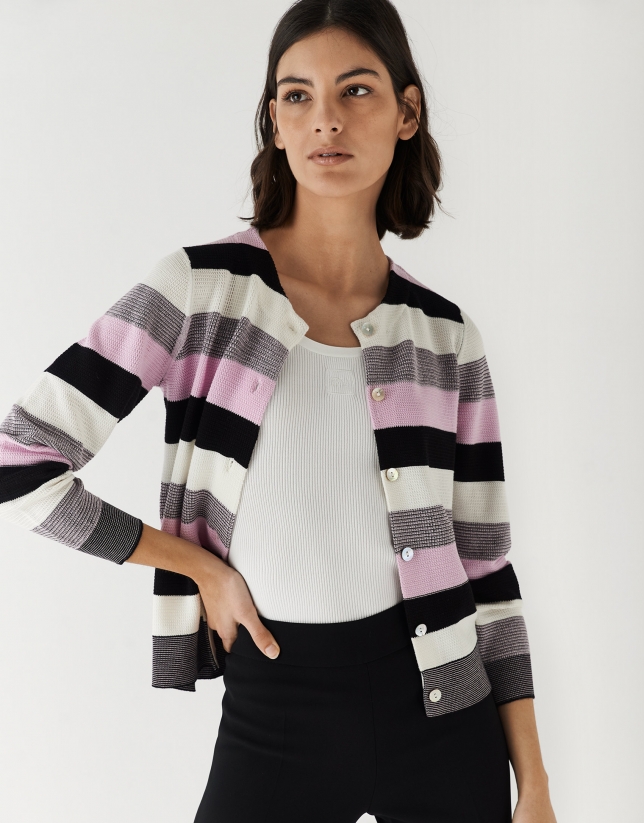 Cardigan with pink, gray and white stripes