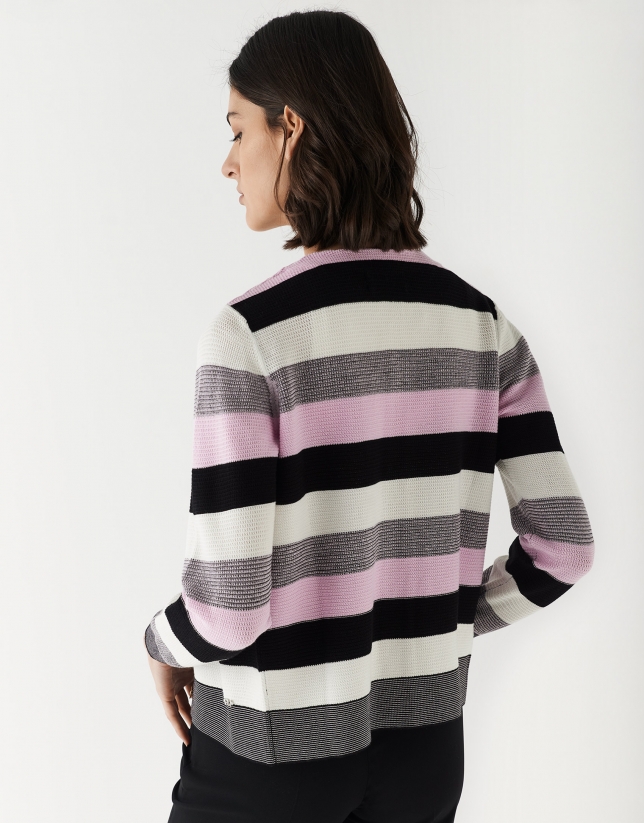 Cardigan with pink, gray and white stripes