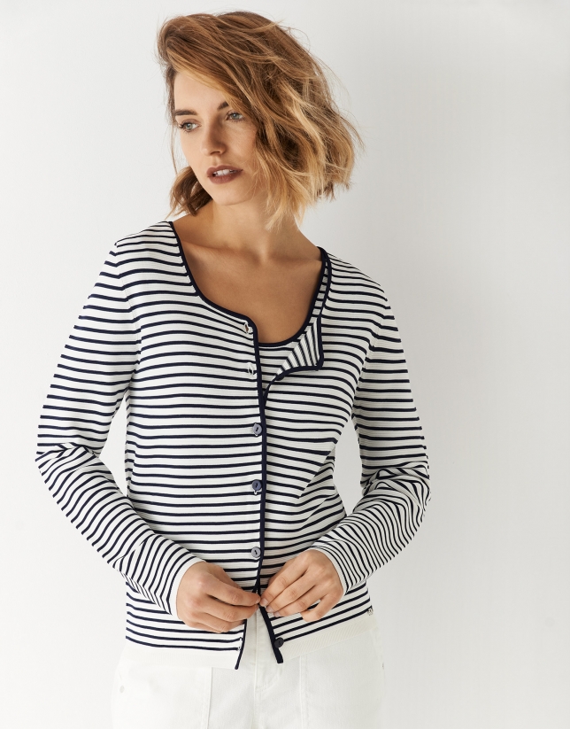 Navy blue cardigan with thin stripes