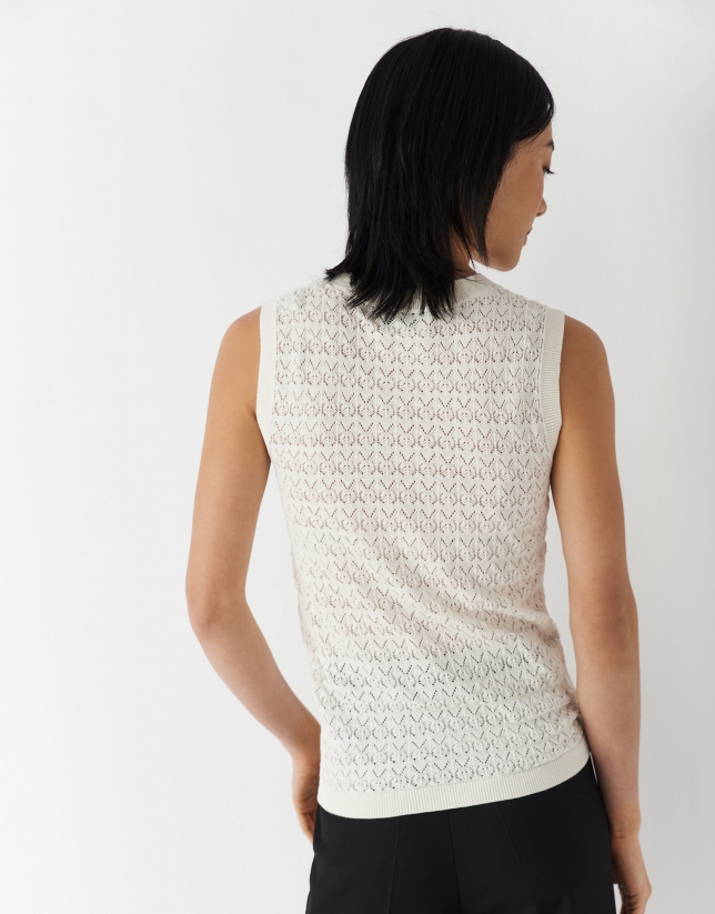 Beige sleeveless knit top with openwork