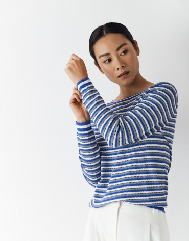 Knit sweater with blue, white and gray stripes