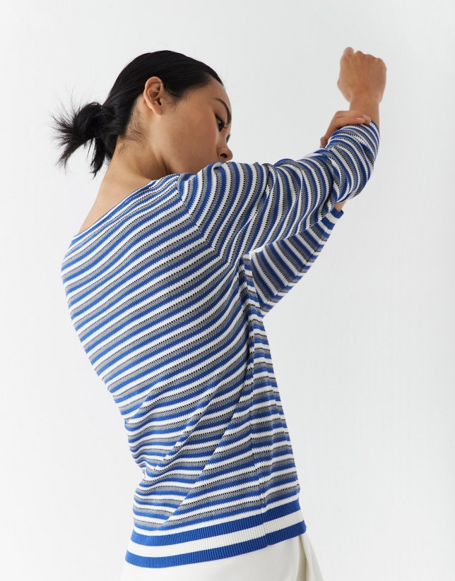 Knit sweater with blue, white and gray stripes