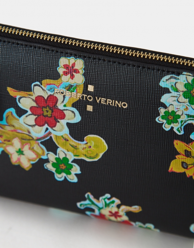 Black saffiano leather Lisa Nano clutch bag with multicolor floral print