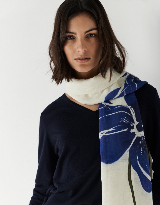 White rayon and linen foulard with blue floral print 