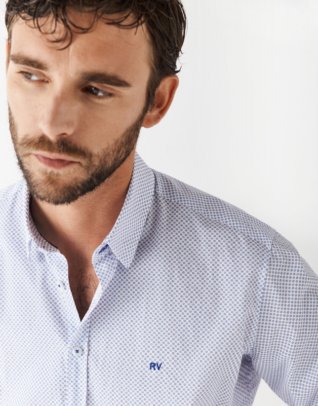 White regular fit sport shirt with blue floral print