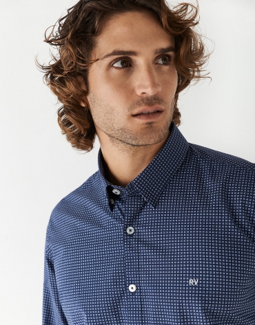 Navy blue and white geometrical floral print sport shirt