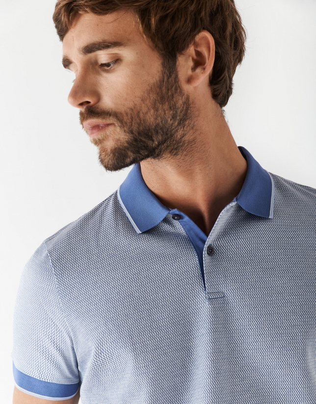 Blue and white geometric mercerized jacquard polo shirt with short sleeves