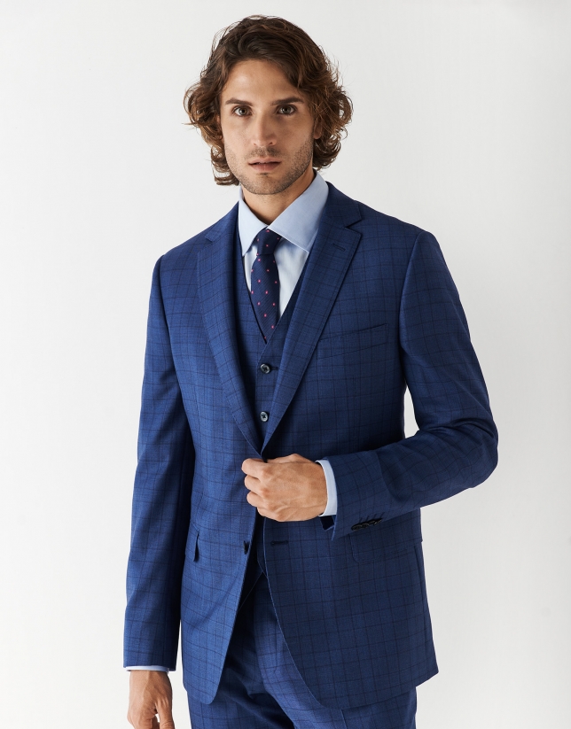 Blue checked wool poplin slim fit half canvas suit