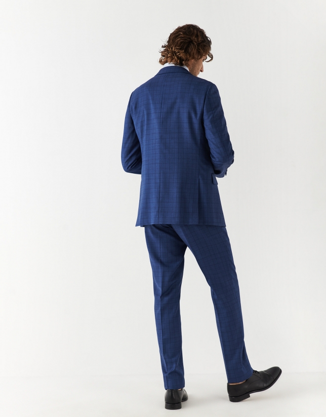 Blue checked wool poplin slim fit half canvas suit