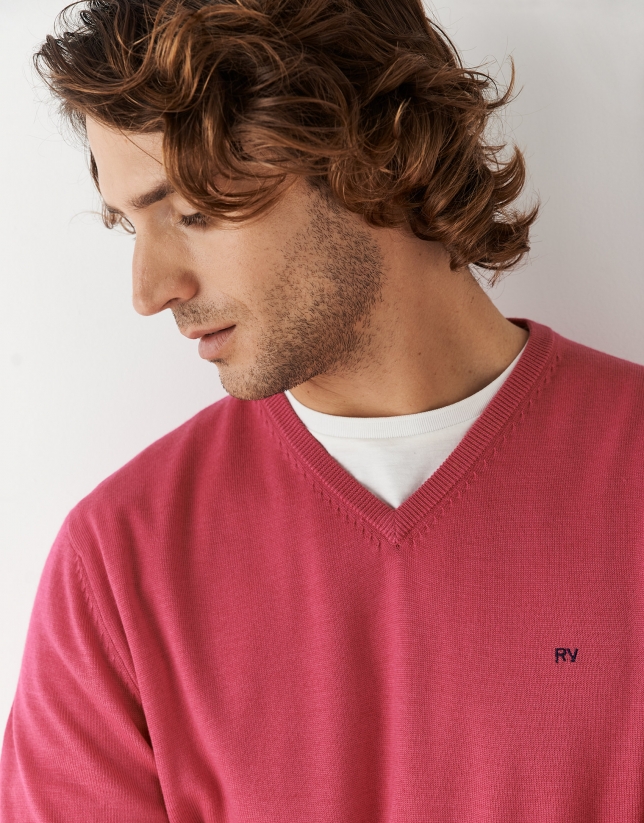 Jersey cuello pico lana rosa