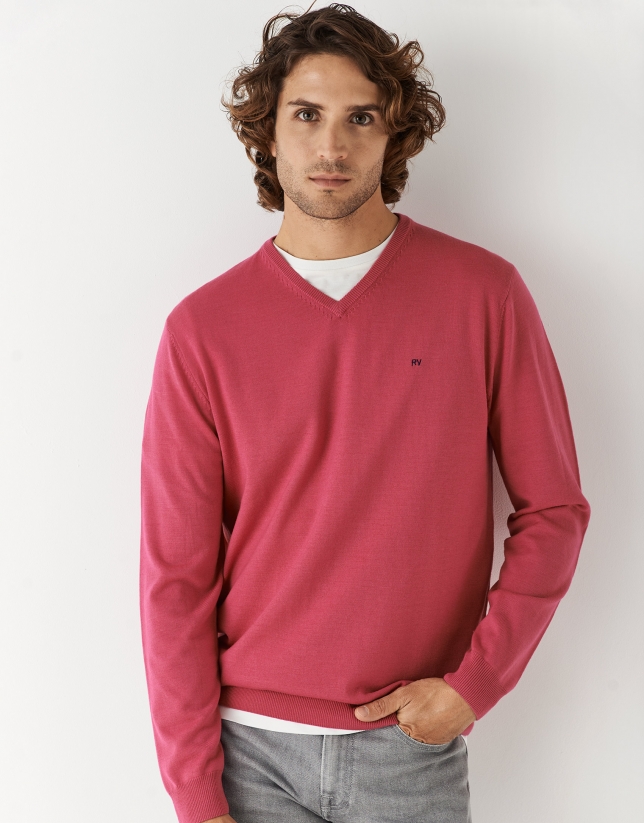 Jersey cuello pico lana rosa