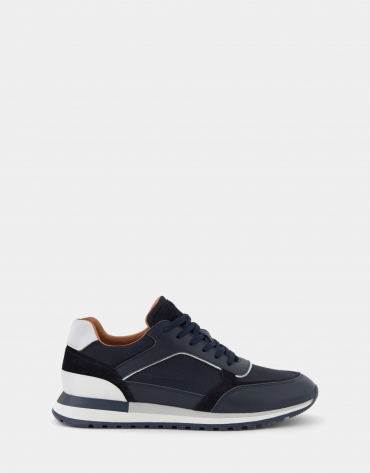 Navy blue leather and fabric running shoes