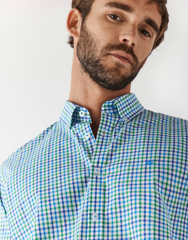 Blue and green checked cotton sport shirt
