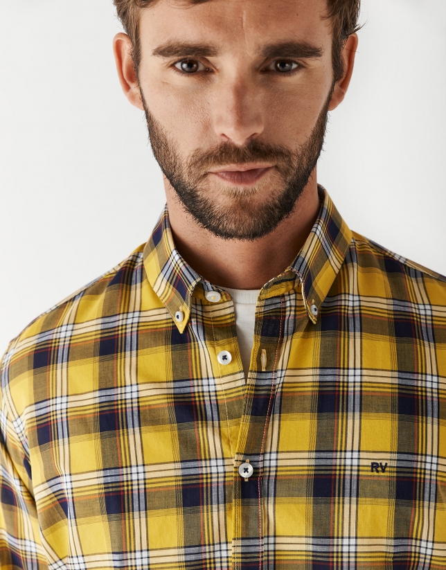 Camisa sport regular cuadros amarillo perfil blanco/azul