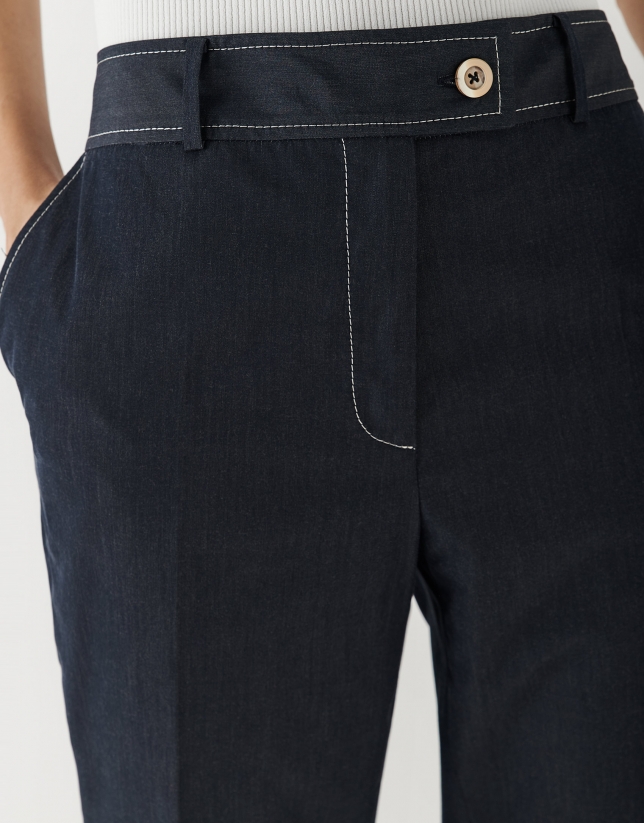 Navy blue straight pants with backstitching