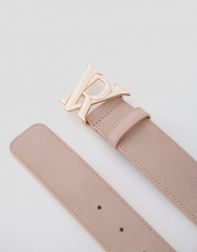Beige leather belt with RV buckle