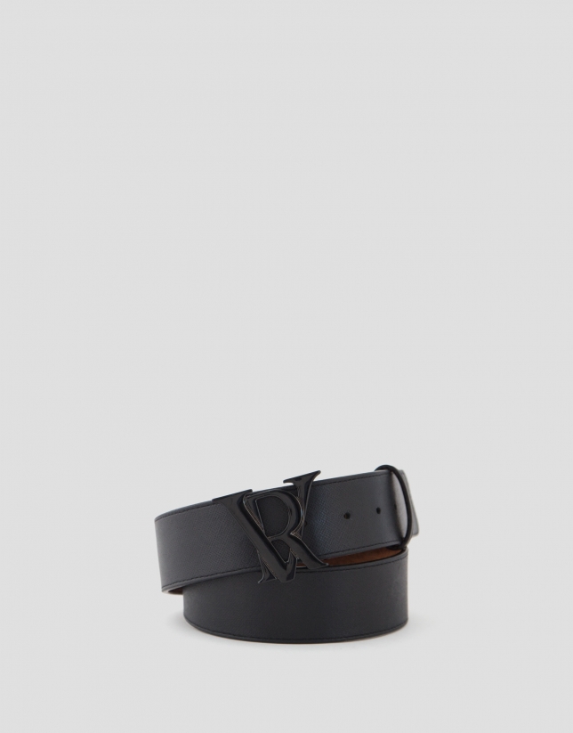Black leather belt with enamelled RV buckle