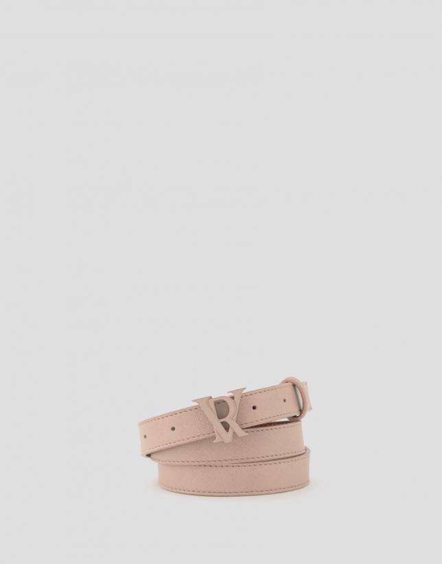 Narrow beige leather belt with enamelled RV buckle