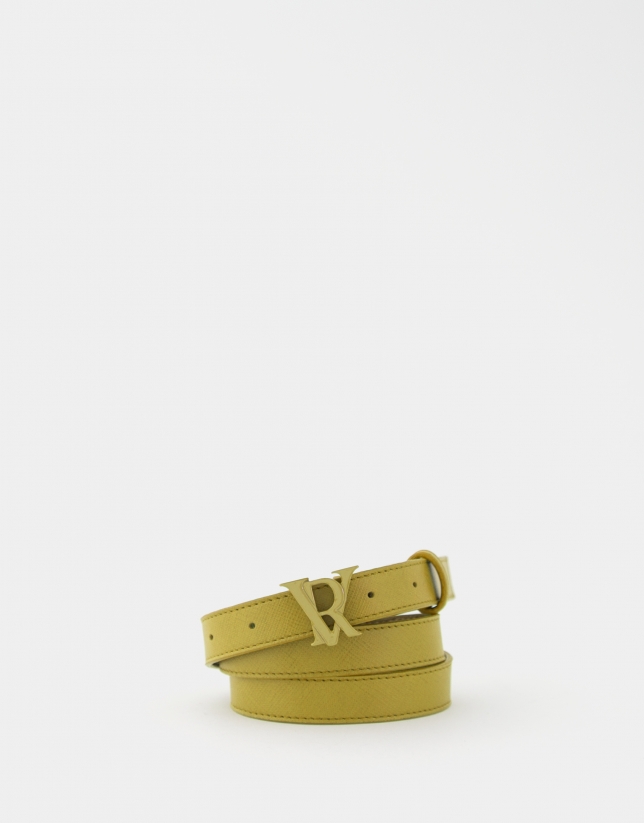 Narrow yellow leather belt with enamelled RV buckle