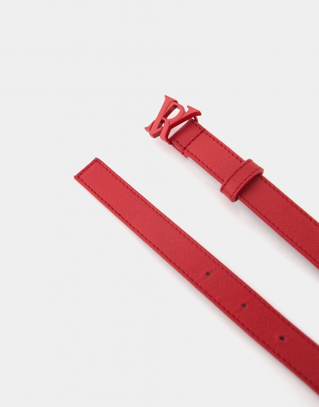 Narrow red leather belt with enamelled RV buckle