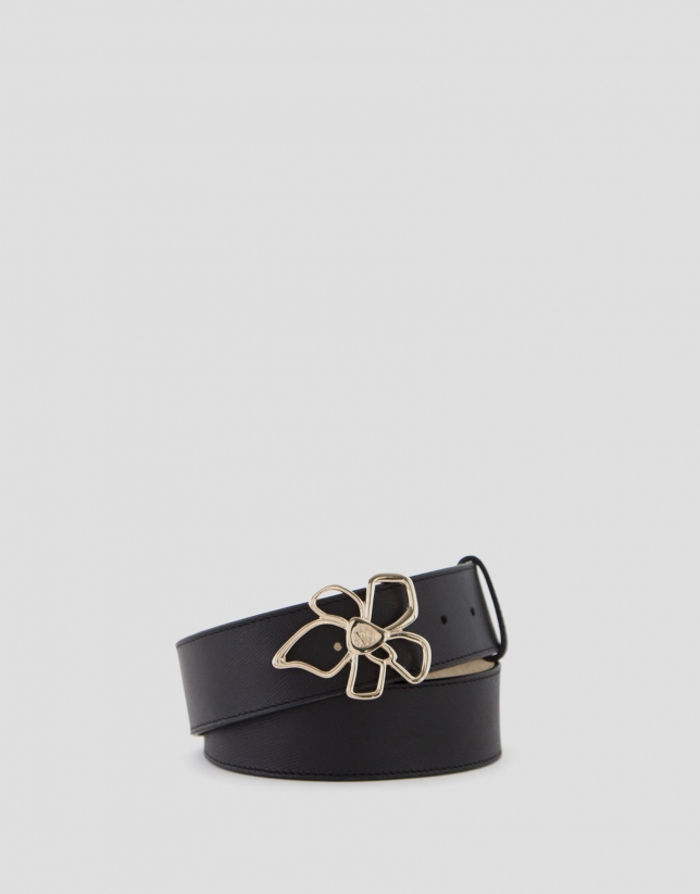 Black saffiano leather belt with flower buckle