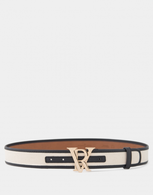 Two-color black and beige leather and canvas belt
