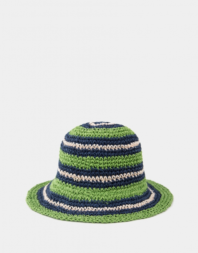 Green, blue and beige crocheted fisherman-style cap
