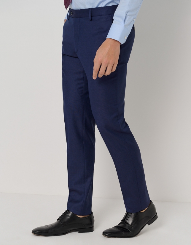 Navy blue plain wool poplin slim fit half canvas suit
