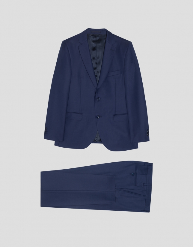 Navy blue plain wool poplin slim fit half canvas suit