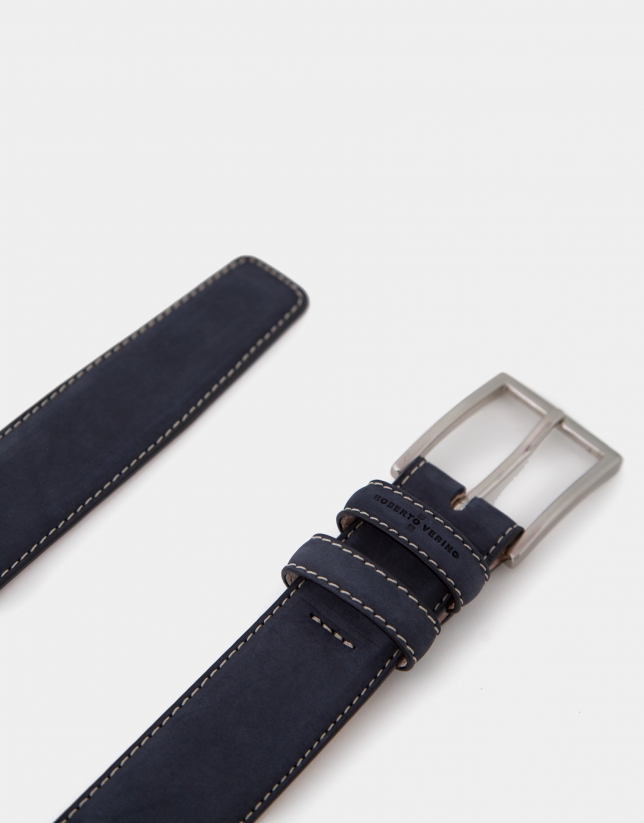 Navy blue nubuck belt with back-stitching