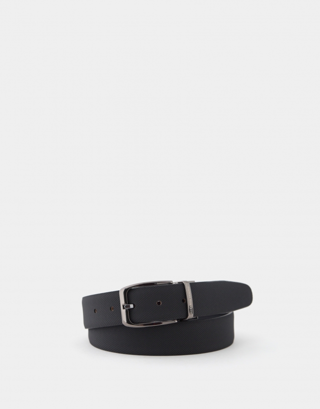 Reversible black and navy blue textured leather belt 