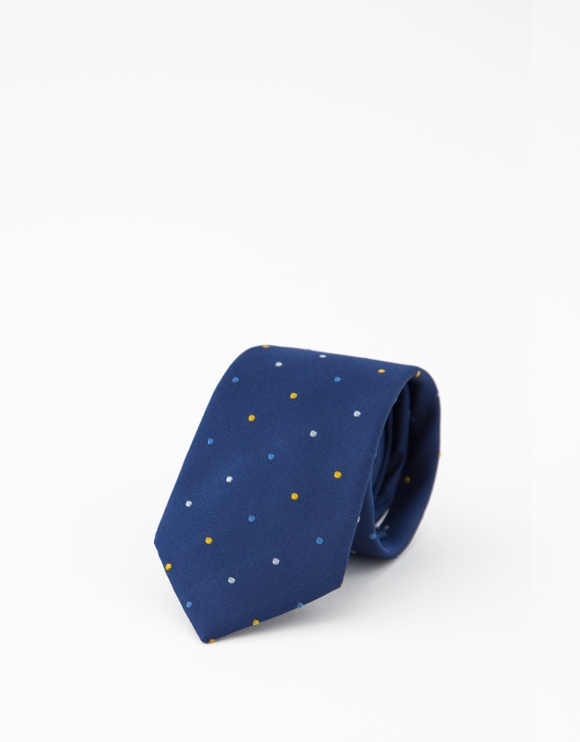 Blue silk tie with blue and yellow polka dots